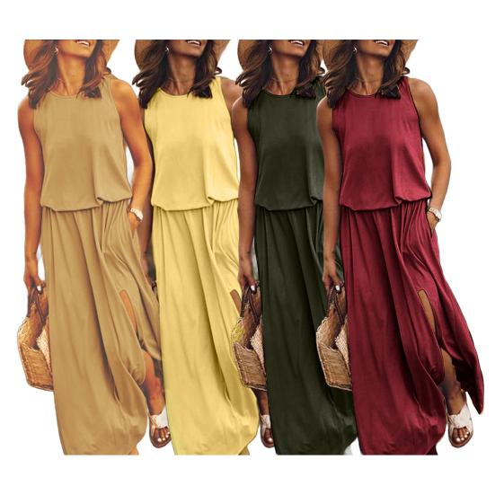 Women Summer Dress Pleated Round Neck Sleeveless Solid Color Loose Slit Hem Maxi Dress Daily Date Party Wear Long Dress