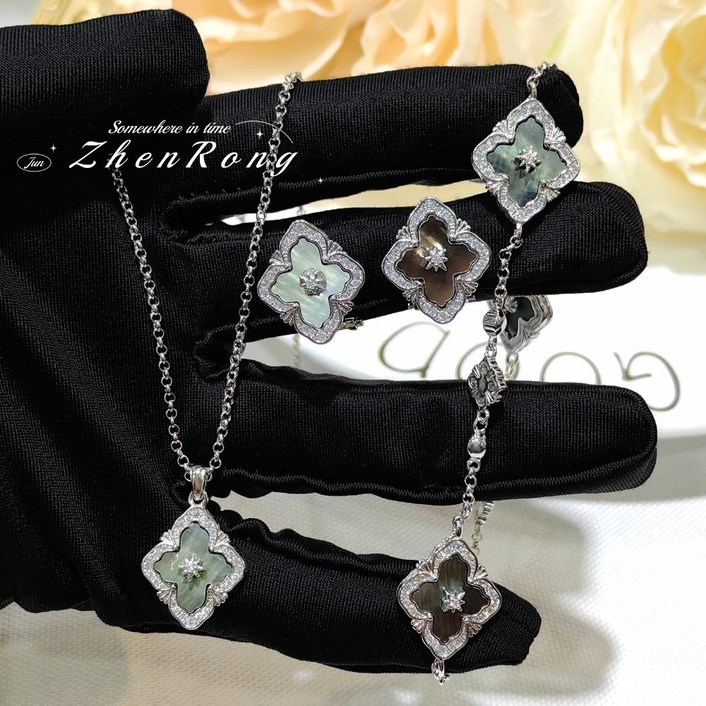 Women Jewelry Set Italian Baroque Gray Mother of Pearl Clover Bracelet White Shell Necklace Ring Earrings