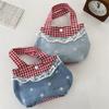 Sweet Lace Ctrast Color Women's Small Handbags Retro Denim Ladies Plaid Purse Tote Bento Bags Casual Bow Star Female Lunch Bag