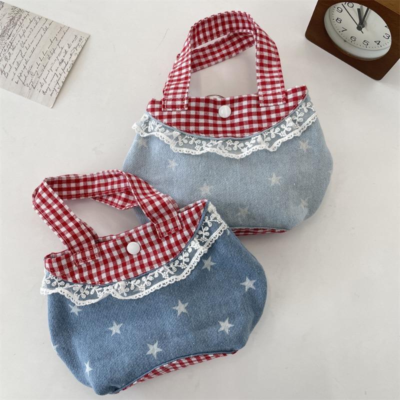 Sweet Lace Ctrast Color Women's Small Handbags Retro Denim Ladies Plaid Purse Tote Bento Bags Casual Bow Star Female Lunch Bag