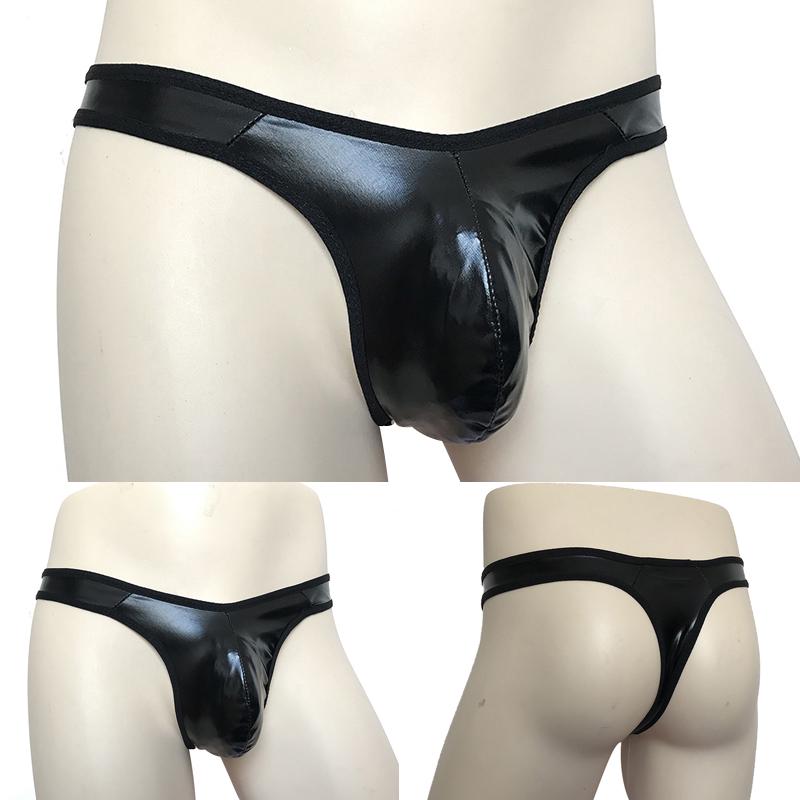 1pc Black Men's Faux Leather Sexy Briefs Thongs T-Back G-Strings Low Waist U-convex Pouch Panties Man Underwear Clubwear