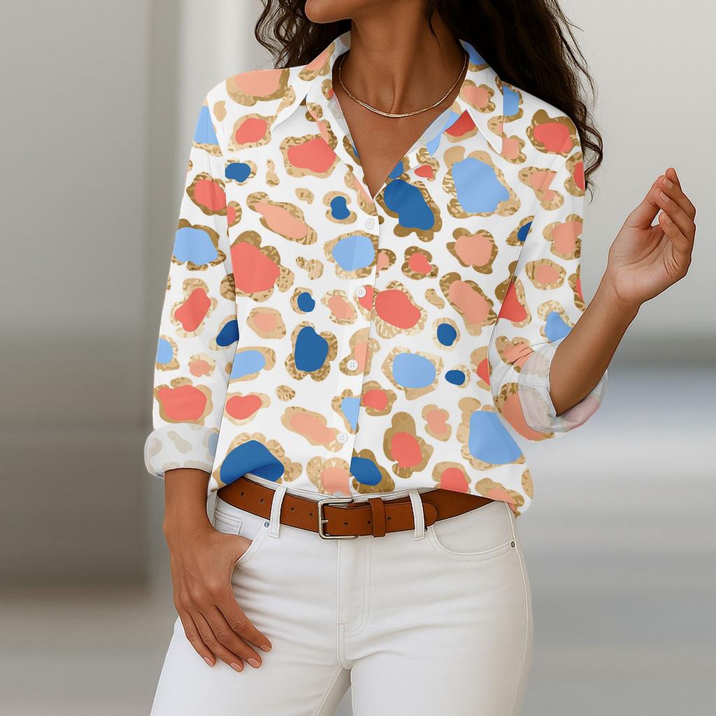 Chemise femme à boutons imprimé floral, manches longues, coupe classique décontractée, grandes tailles disponibles.