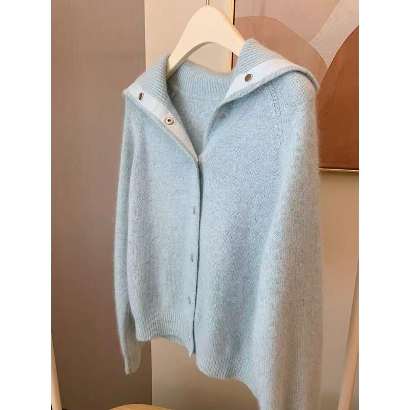 

Lapel milk whirring blue soft waxy outer sweater jacket knitted cardigan women s loose lazy style high-end top L
