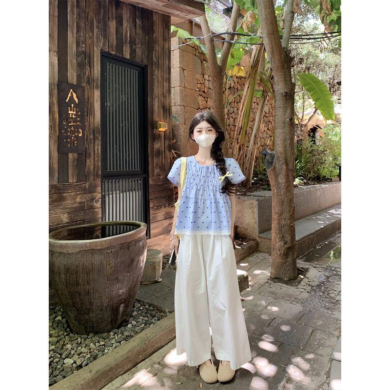 

Kumikumi Sweet Style Set Love Print Short sleeve Shirts Women Summer High Waist Slimming Casual Pants Two-piece Set White Pants One size