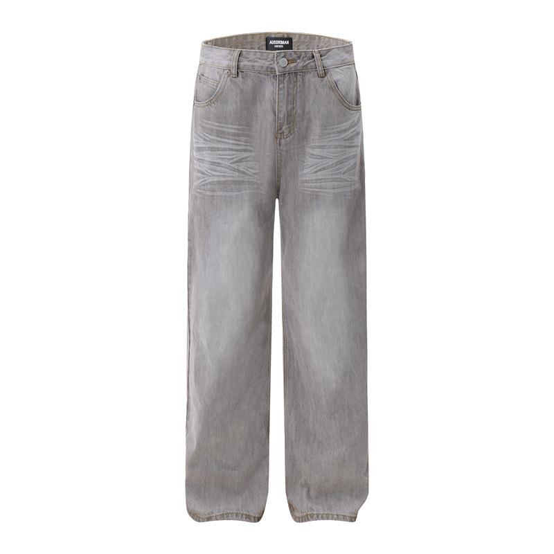 Smoke Gray American Washed Corrugated Wide-leg Jeans Men's and Women's Old Loose Drape Bf Straight Mopping Pants Slightly Pulled