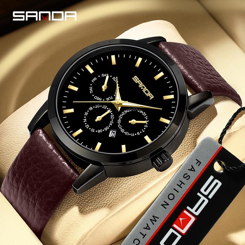 Sanda Quartz Three-Eye Six-Hand Watch: Fashionable, Simple, Leather Strap, Waterproof, Men's & Women's Calendar Watch.