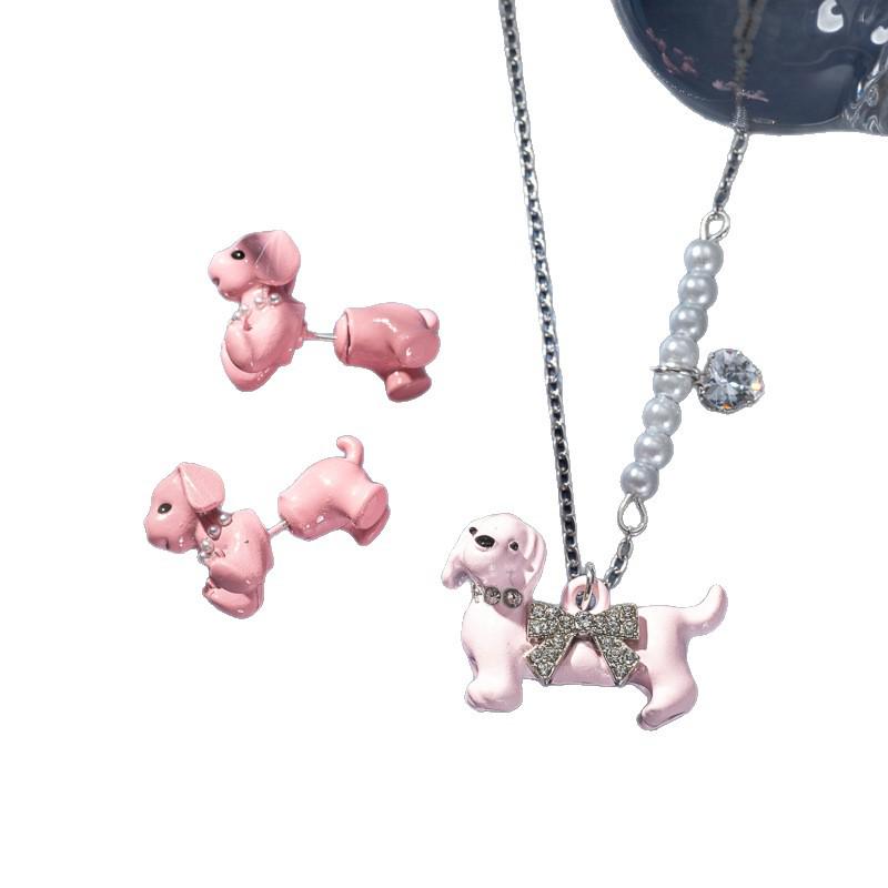 Zhao Lusi-Inspired Pink Dachshund Bow Pendant Necklace - Cute, High-End Fashion Jewelry for Women