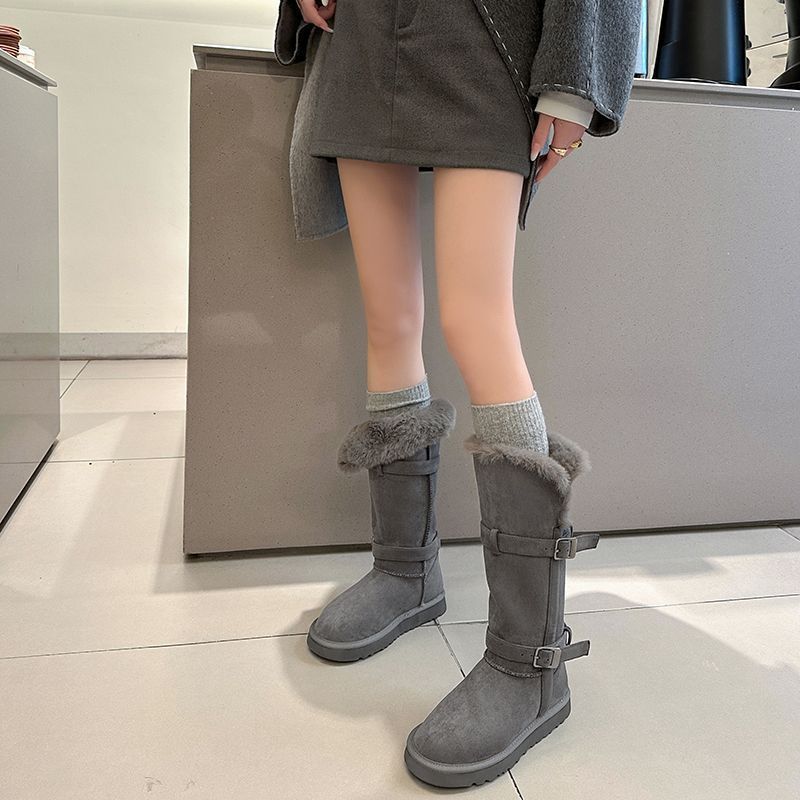 Modische vielseitige bequeme lässige Schneestiefel 2025 Herbst und Winter neu Nische Gürtelschnalle dekorative Samt lange Stiefel