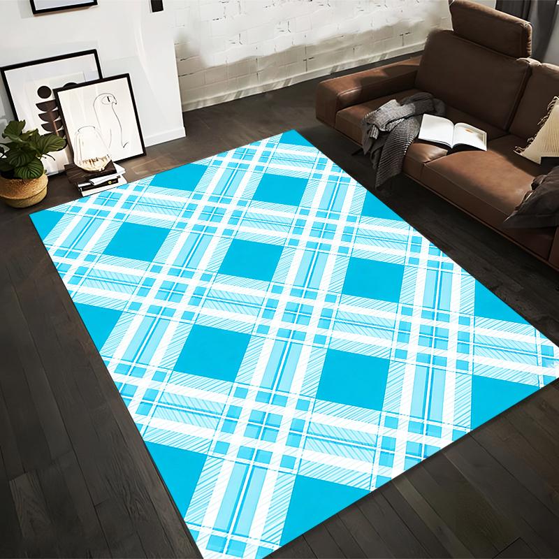 Blue and White Plaid Carpet Modern Geometric Pattern for Living Room Suitable for Use As an Anti-slip for Living Room Bedroom Sofas