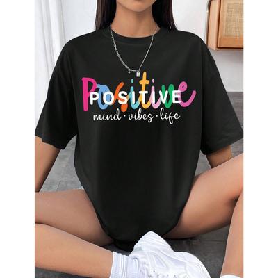 Slogan Graphic Drop Shoulder Tee POSITIVE Mind Vibes Life