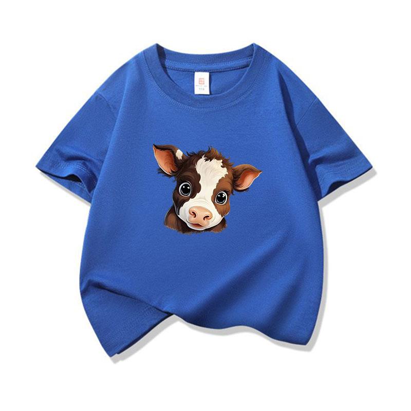 Kids Pure Cotton T Shirt Adorable Brown Baby Cow Print Crew Neck Short Sleeve Tee Casual Boys Girls Summer Tops
