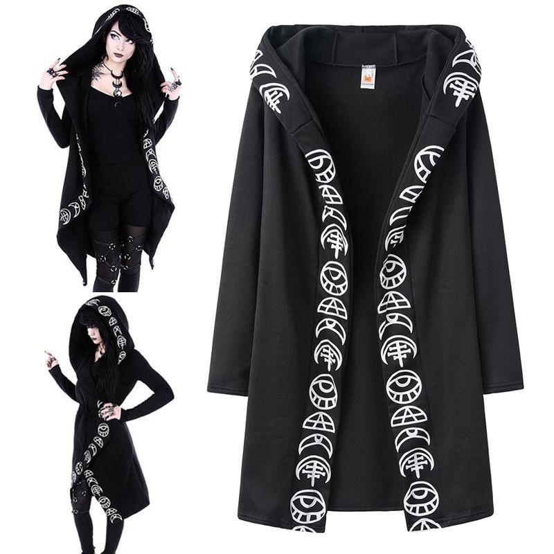 Gothic Women Moon Printed Cardigan Long Sleeve Hooded Coat Black Fashion Top For Casual Wear