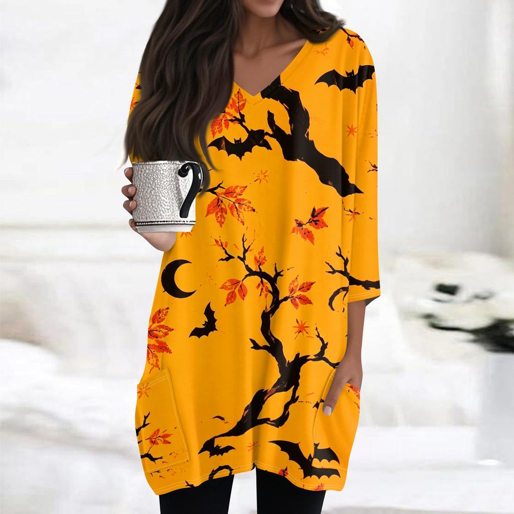 Women's Halloween Print V-Neck Tunic Top, 3/4 Sleeve, Pocket