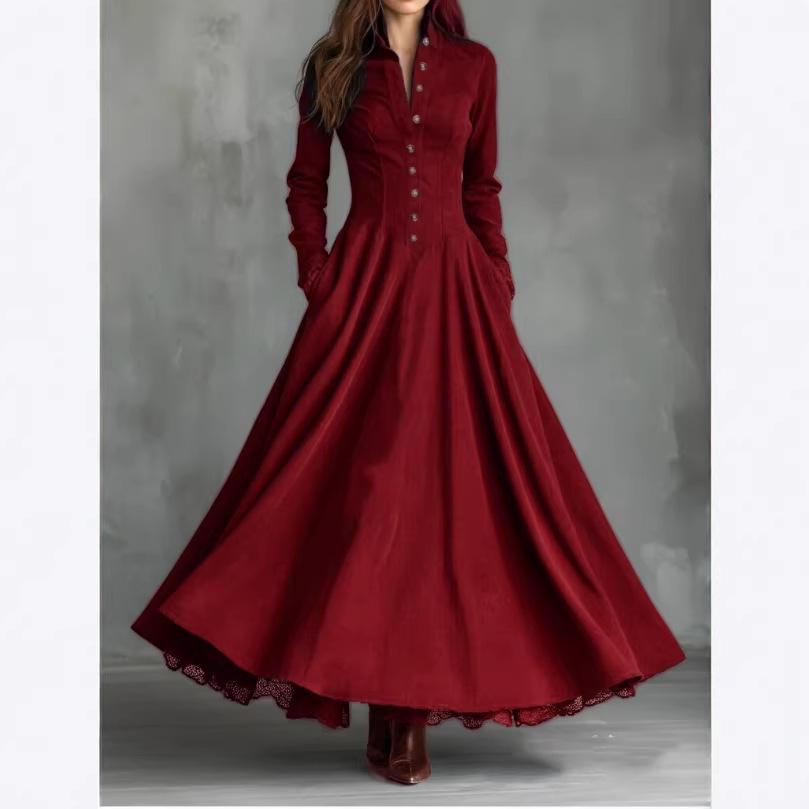 2025 Französisches Retro-Spitzenbesatz Wildleder Patchwork Langes Kleid