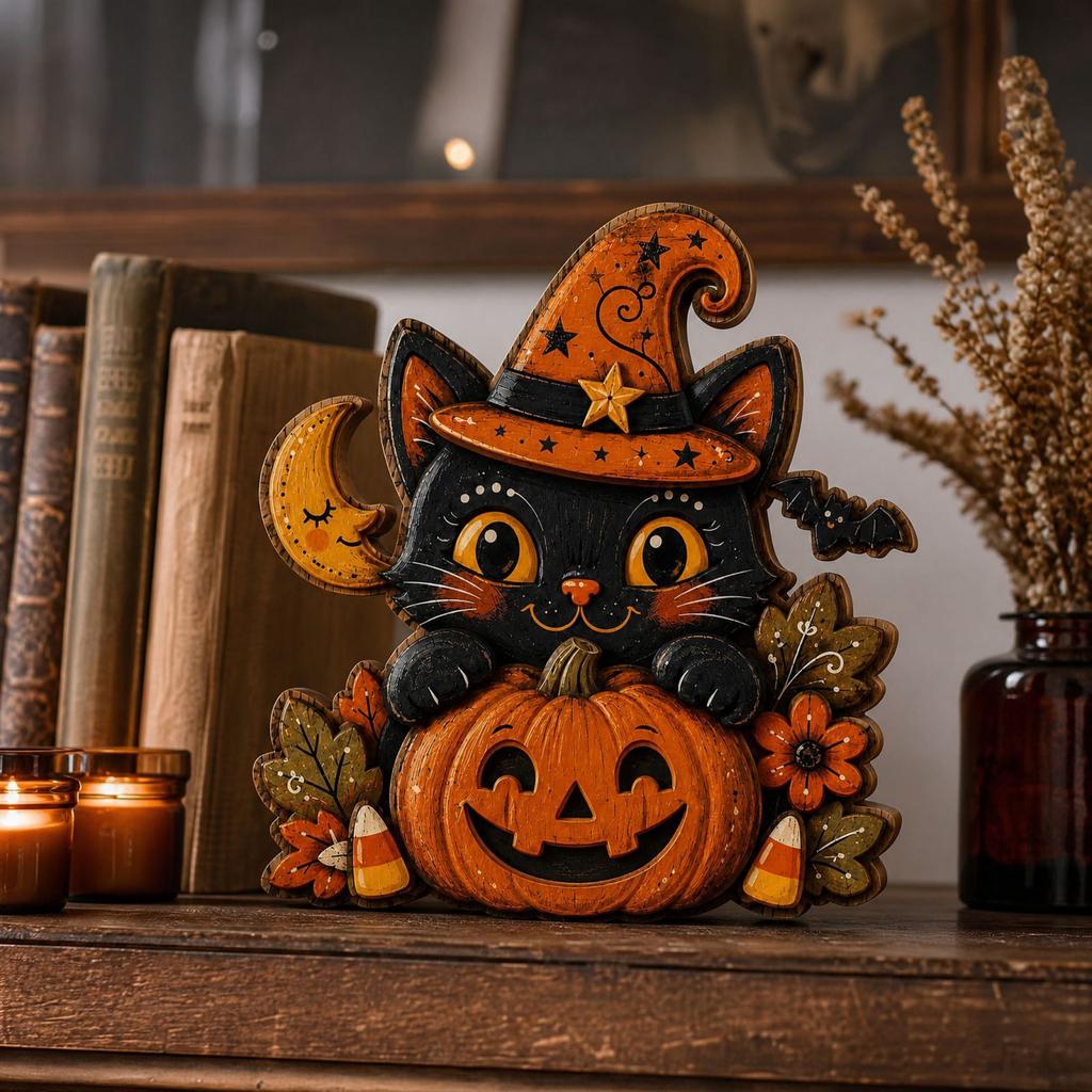 Vintage Wooden Halloween Pumpkin Tabletop Decor with Distressed for Shelf and Mantel Home