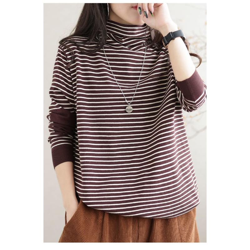 

Новый осенне-зимний свитер с полосатым низом средней высоты, женская футболка с длинным рукавом, хлопковый вязаный внутренний топ L коричневый