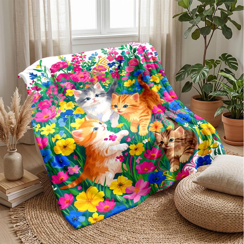 Kittens and Roses Romance Theme blanket Lightweight Warm Flannel Blanket Decorative Throw Blanket for Home Decoration