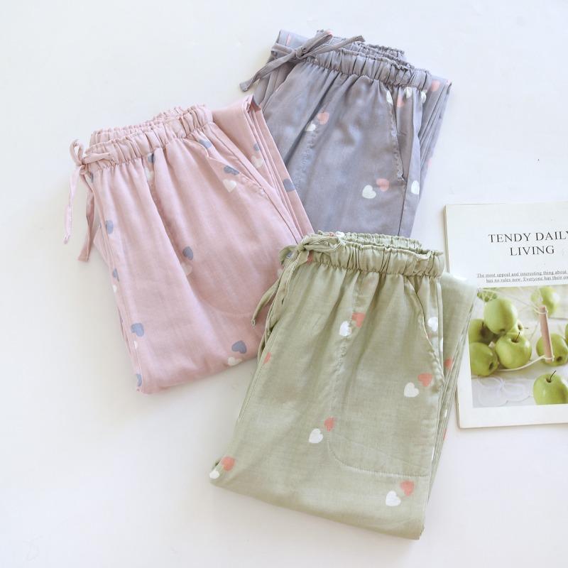 2026 New Women's Spring/Summer Sleeper Pants 100% Cotton Gauze Heart Shaped Thin Printed Pants Home Pants Lounge Wear