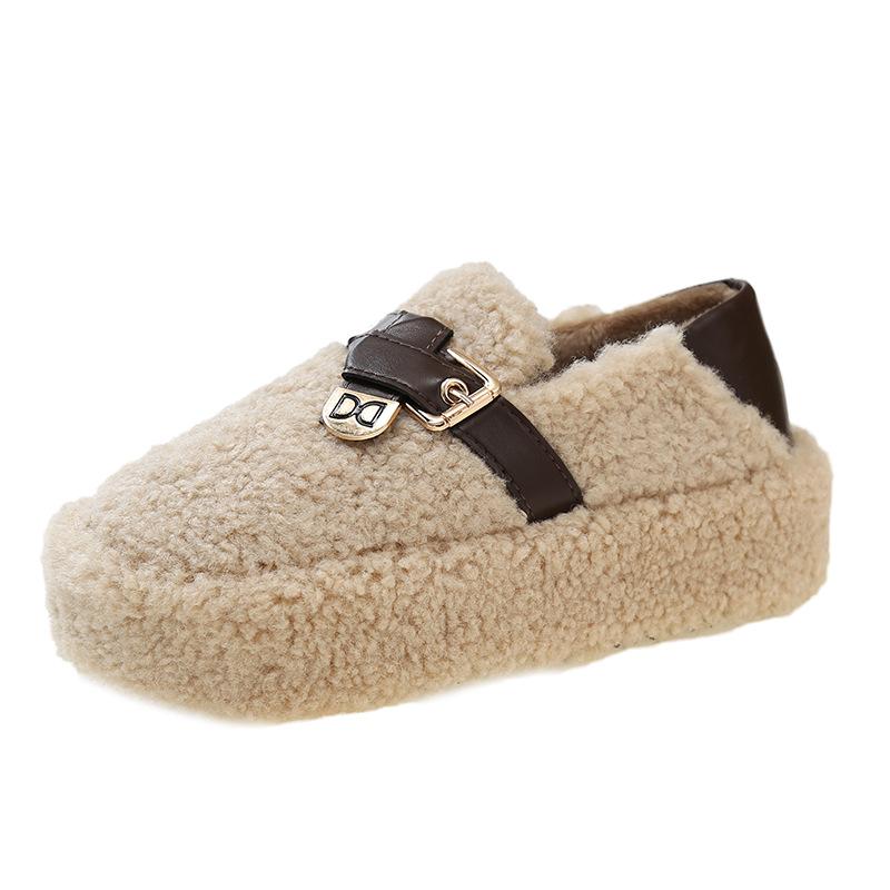 Winter 2025 new suede round head rubber artificial short plush bag heel plush cotton shoes women's cotton slippers thickened