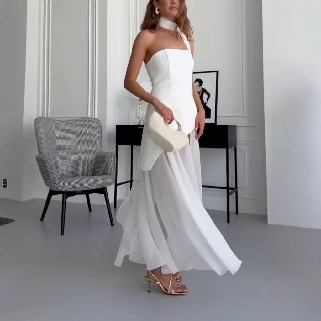 2025 Summer Women's Solid Color Bandeau Irregular Waist-Cinching Dress