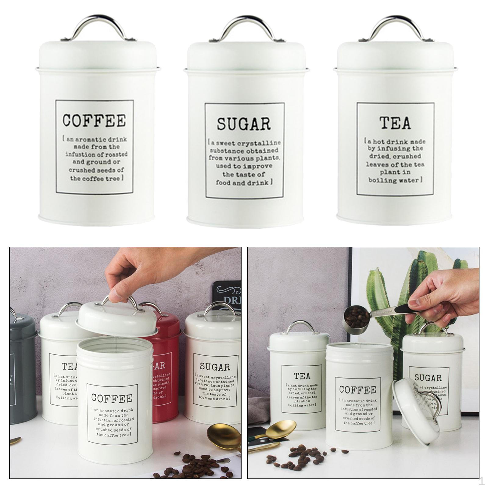 

Набор из 3 металлических банок для хранения с крышками: Кофе, Чай, Сахар, Один размер A White