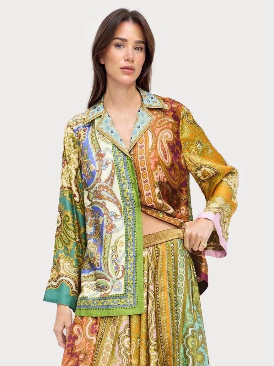 2026 Spring/Summer Retro Paisley Print Satin Long-Sleeve Shirt - New Arrival. Small оранжевый