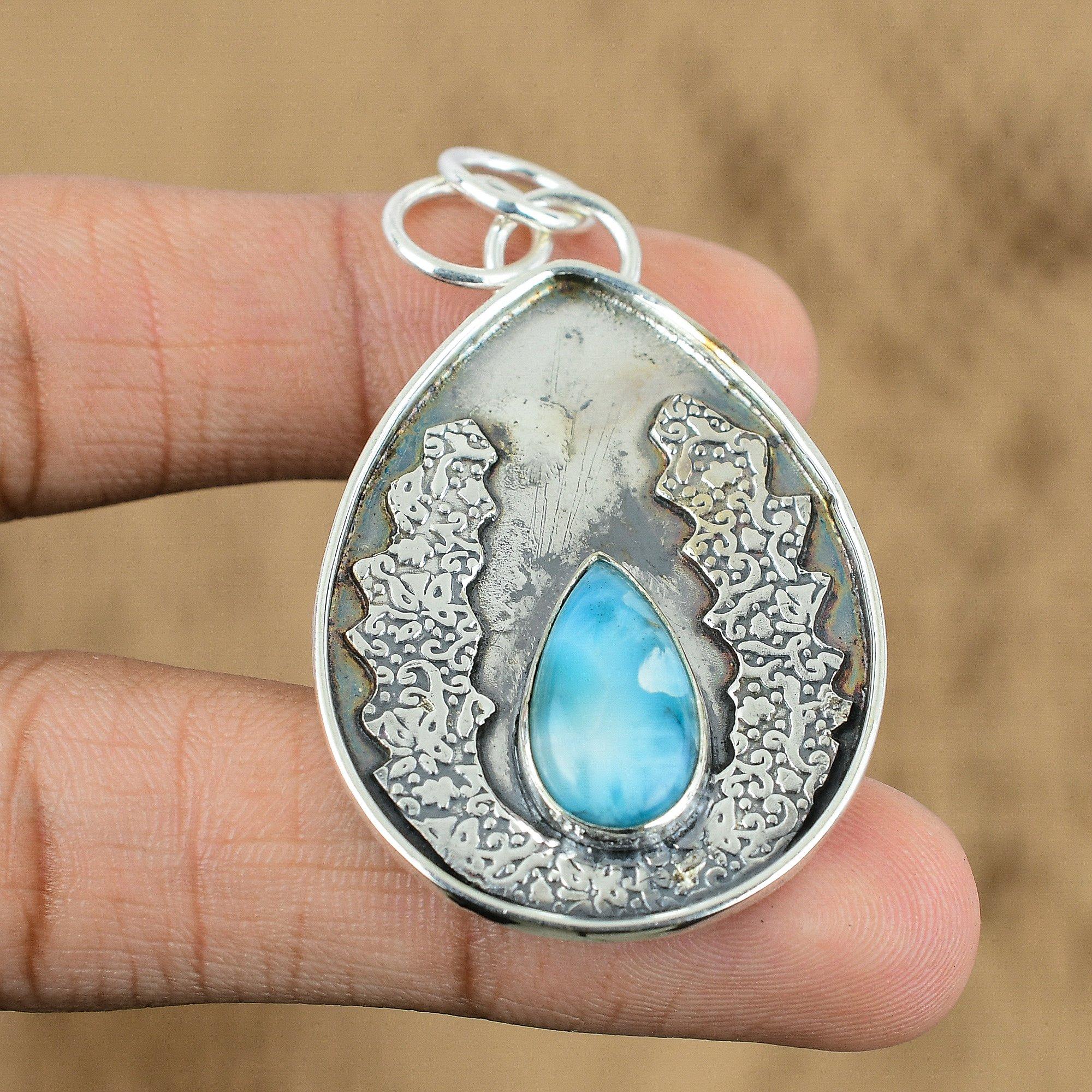 

Womens day Sale Larimar Stone Unique Daughter Throat Chakra Pendant 925 Silver