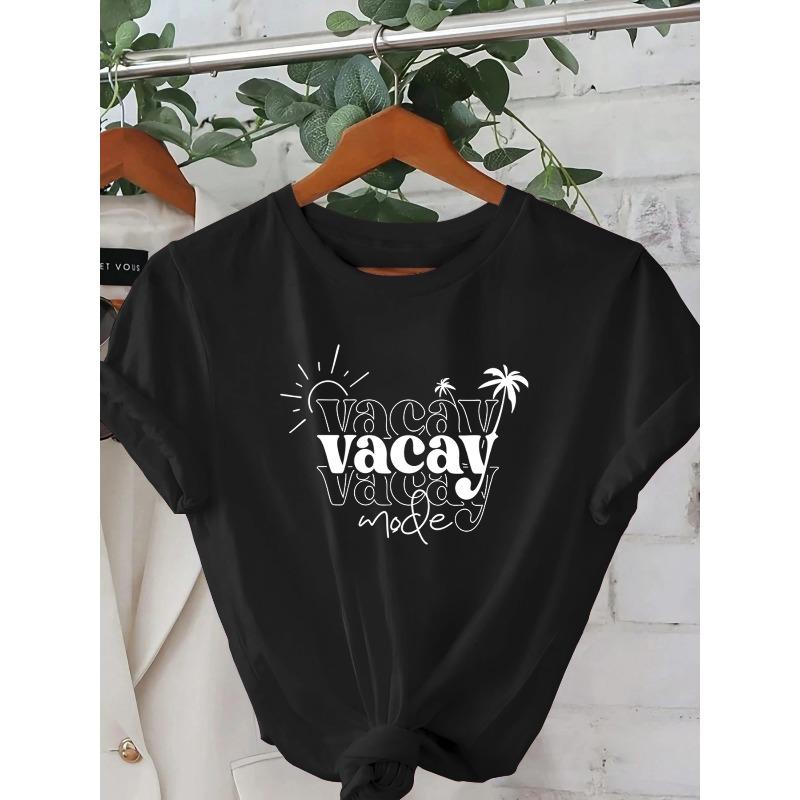 

Women S Pink VACAY MODE Graphic T-Shirt - Casual Short Sleeve Crew Neck, Lightweight Polyester, Summer Beach Tee with Palm Tree & Sun Design, 4XL чорний