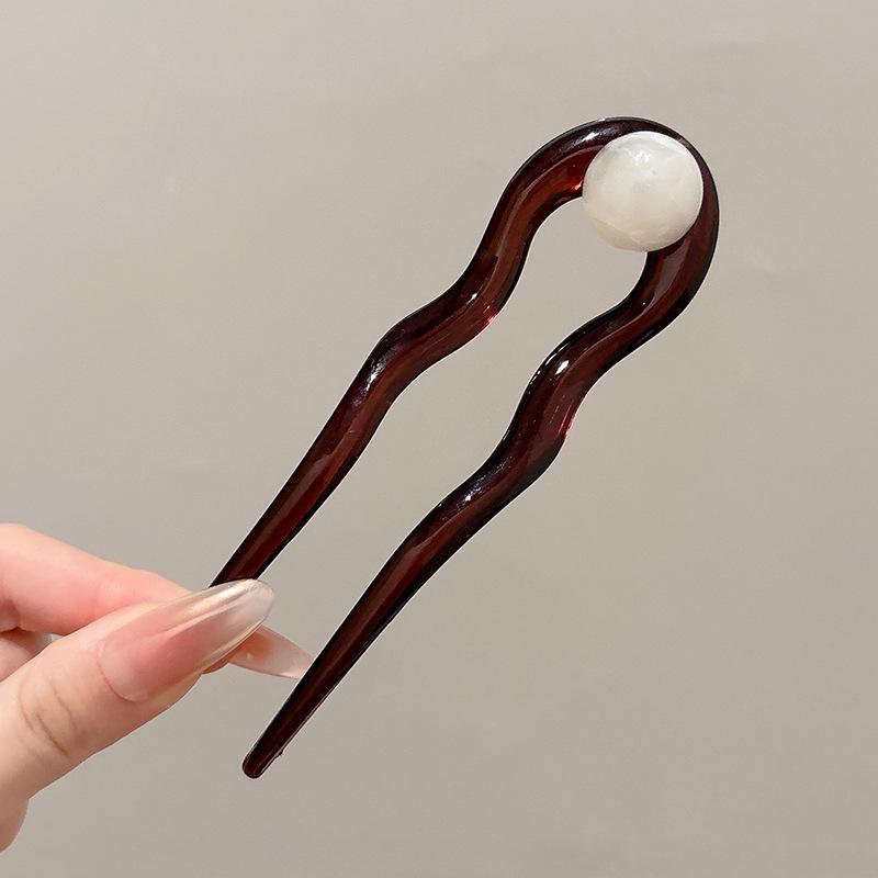 Chinesischer Stil Runde Perle U-förmige Haarnadel Retro Wellenförmige Haarstäbchen für Frauen Acryl Kopf Gewickelte Haare Haarnadel Zubehör