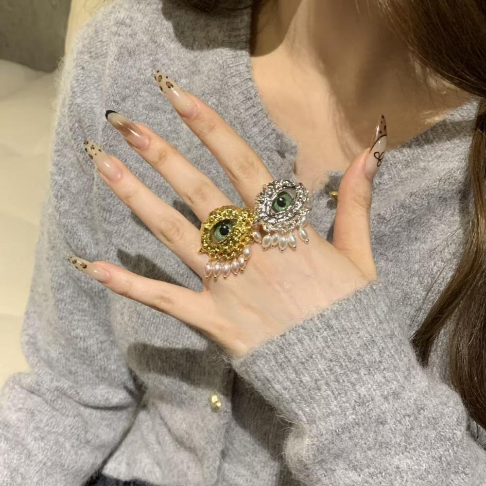 Metal Evil Eyes Rings Tassel Design Imitation Pearl Devil's Eye Ring Exaggerated Opening Finger Trendy Jewelry For Women