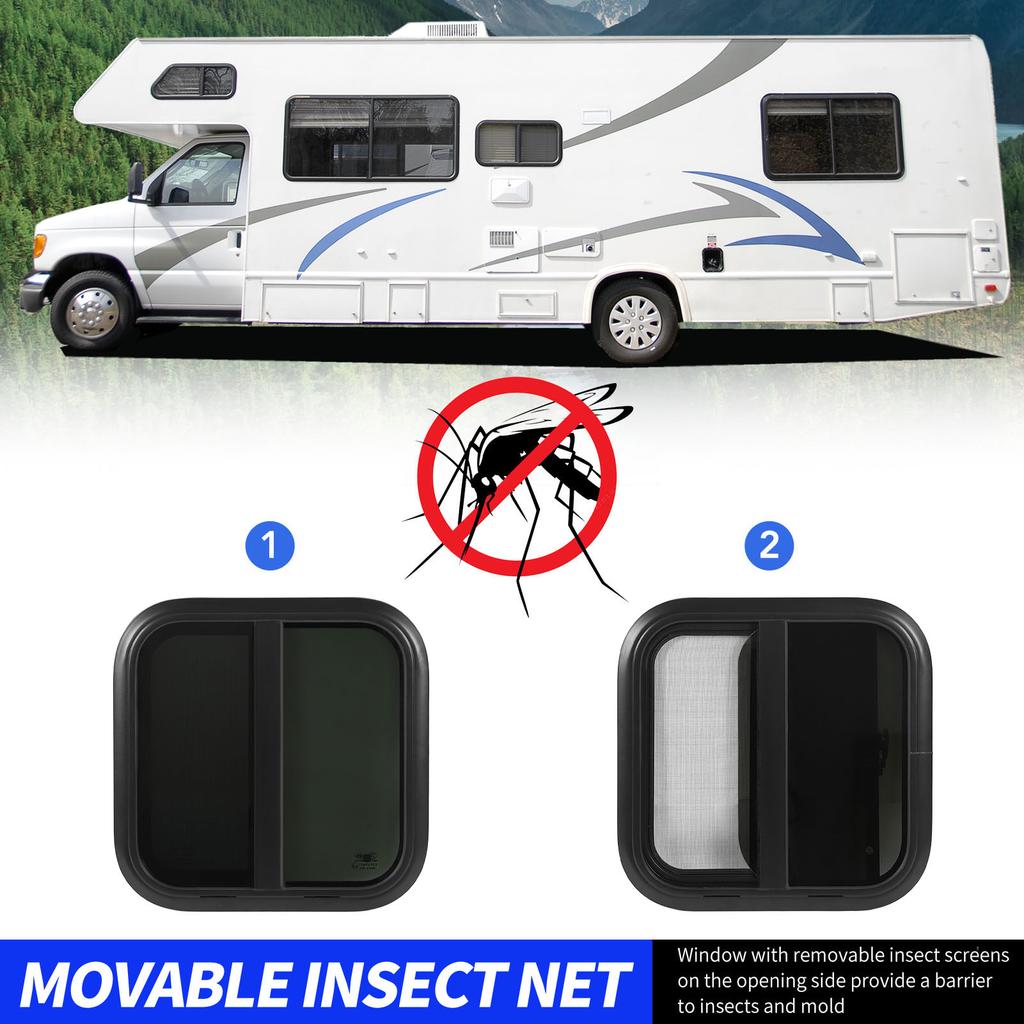 600x600mm RV Rounded Black Aluminium Alloy Sliding Window UV Resistant Removable Insect Screen for Caravan  RV