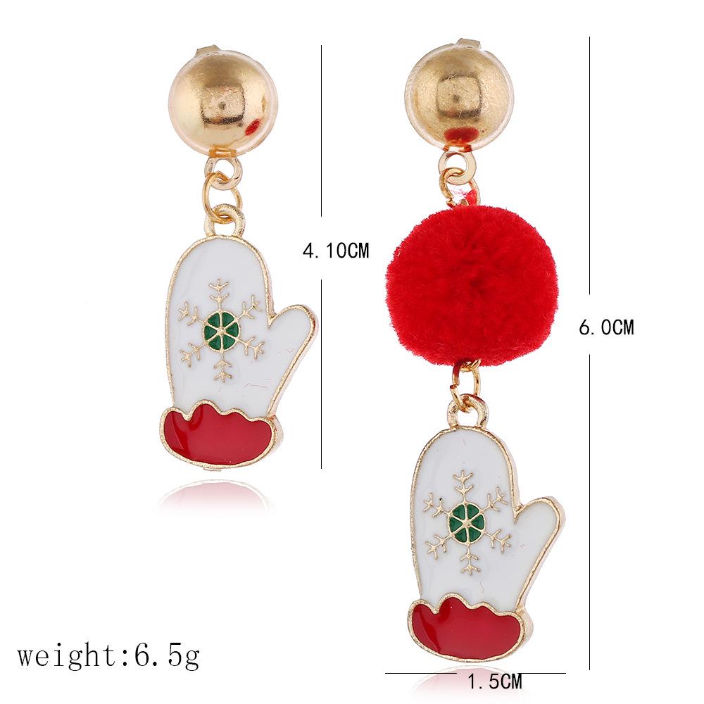 Women Asymmetric Santa /Gloves/Snowflower Shape Red Plush Ball Earrings