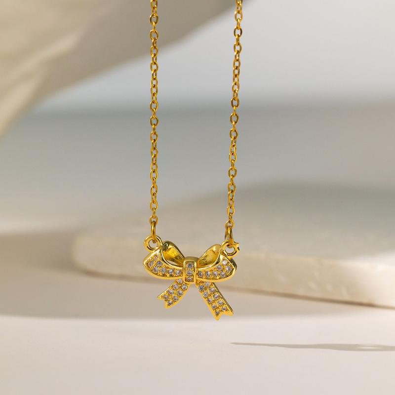 Delicate Bow Pendant Necklace Sparkling Cubic Zirconia Durable Chain Perfect For Ladies Daily Wear Gift