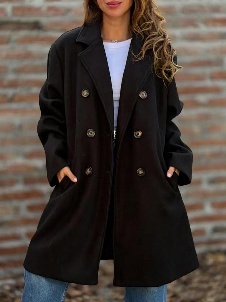 Cross2026 European & American Autumn/Winter Double-Breasted Lapel Woolen Coat for Women