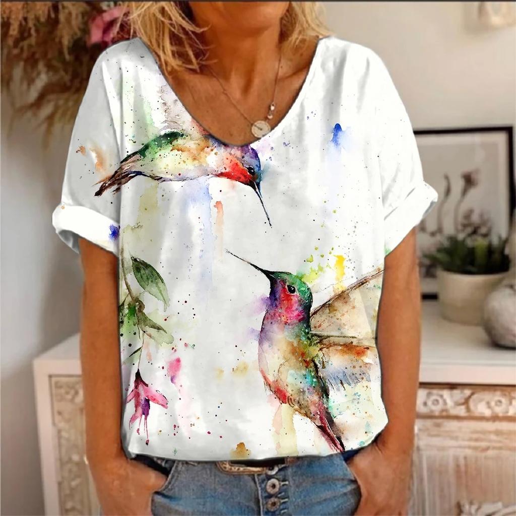 New animal bird 3d printing hummingbird t-shirt women's short-sleeved V-neck T-shirt women's clothing