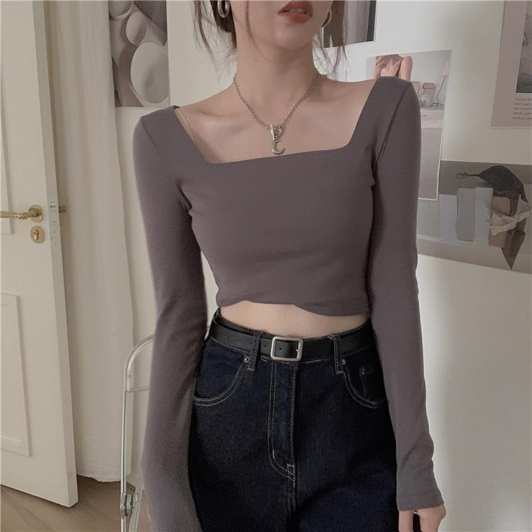Camisetas negras cortas para mujer, camisetas ajustadas de manga larga, camisetas informales lisas con cuello cuadrado.