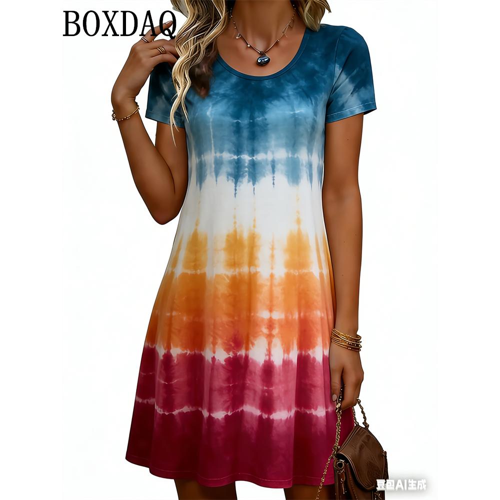 Tie Dye Gradient Print Dresses For Women 2026 Summer Clothing Fashion Striped 3D Print Loose Short Sleeve Dress Women's Casual