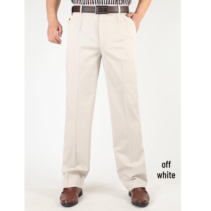 Men's High Waist Double Pleated Cotton Pants - Spring/Summer, Loose Straight Leg, Plus Size