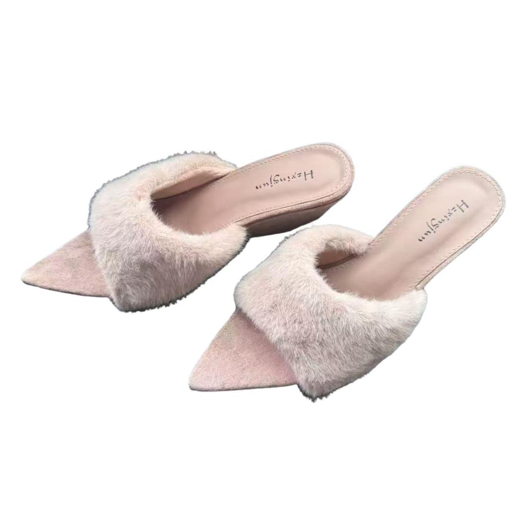 High-quality cute fluffy slippers for women to wear fleece cool slippers, beautiful temperament, perfect, pointed wedge heels, high heels
