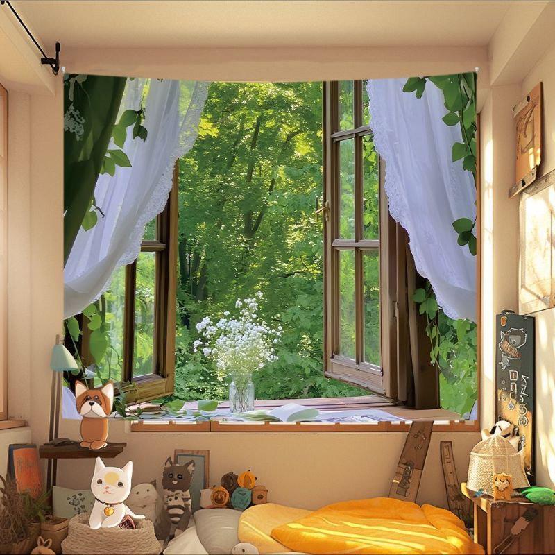 Lush Green Tree Canopy Tapestry Wall Hanging Blue Sky Forest Nature Photography Aesthetic Wall Art Bedroom Living Decor