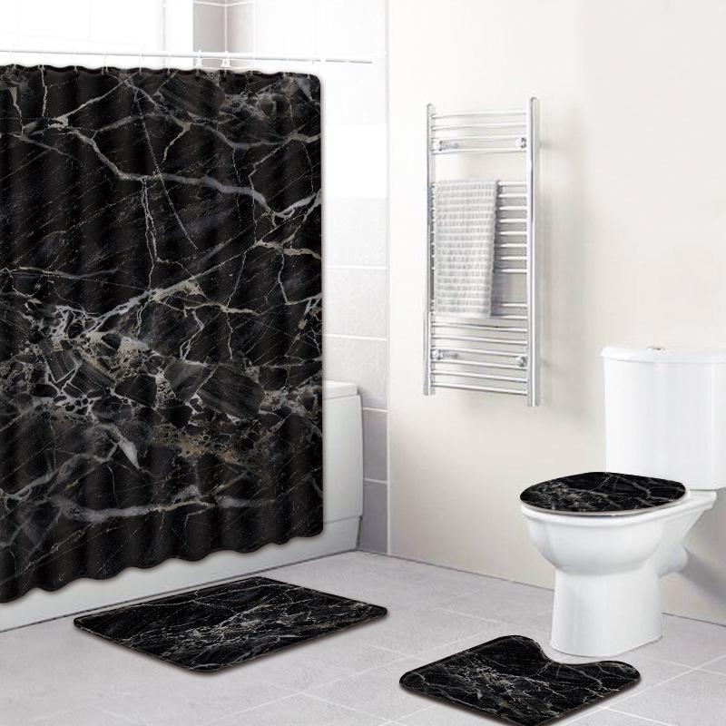 Marble Texture Printing Bathroom Non-Slip Floor Mat Shower Curtain Combination Carpet European And American Style