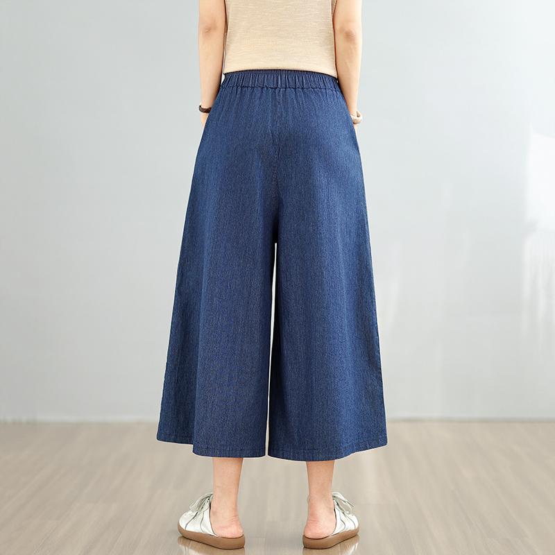 Plus Size Thin Vintage Embroidery Floral High Waist Casual Loose Women Summer Jeans Denim Wide Leg Pants