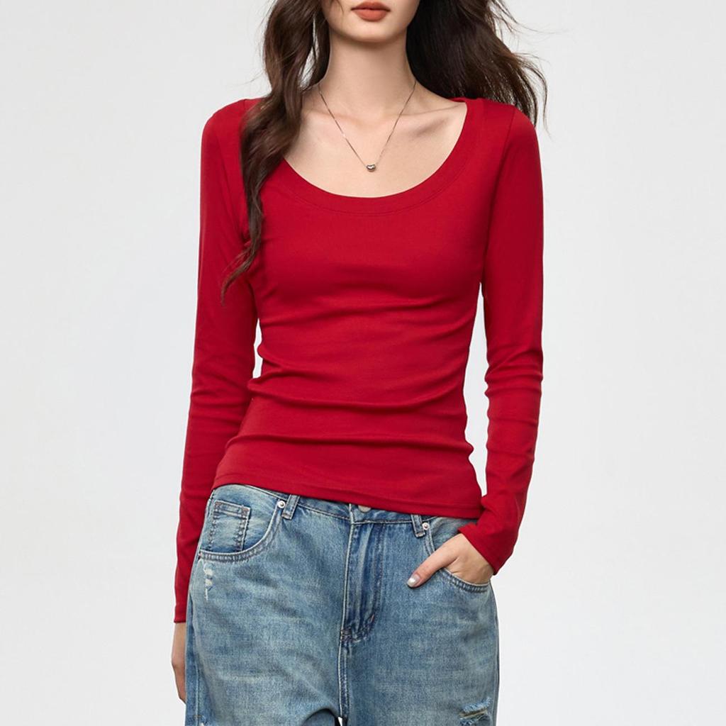 Damen gekämmte Baumwolle U-Ausschnitt Langarm Slim-Fit T-Shirt - Herbstmode, vielseitiges einfarbiges Oberteil