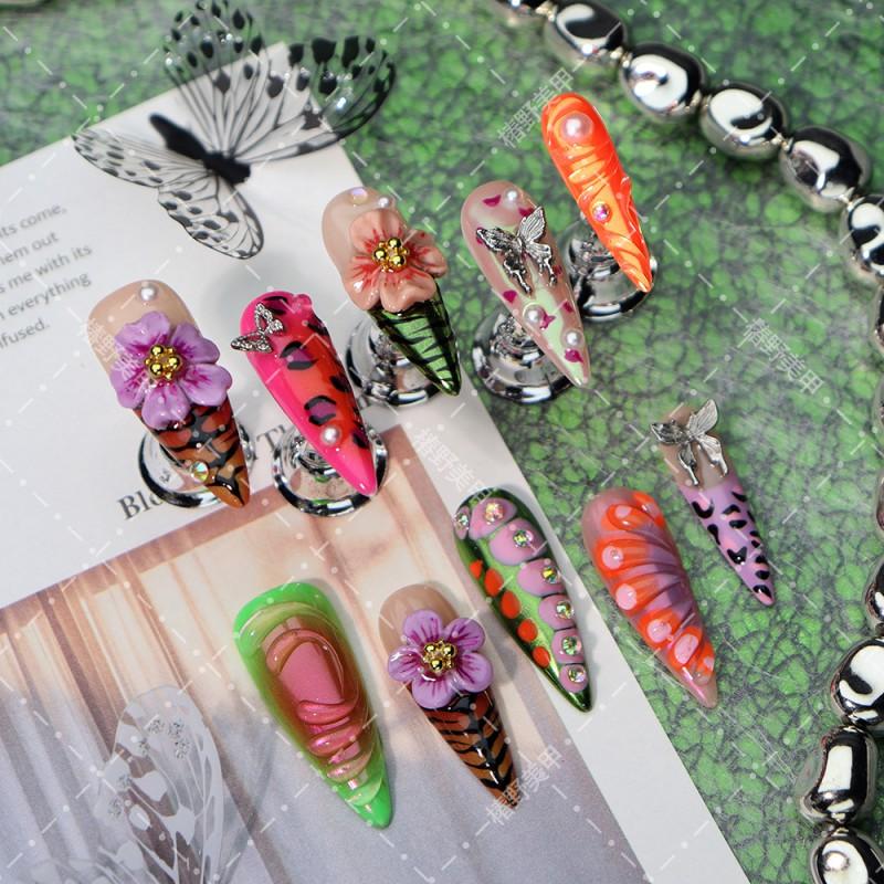Press-On Nails Women - 3D Floral Butterfly Leopard Design Y2K Ins Style Acrylic Tips Long Stiletto False L Includes 3 nail stickers