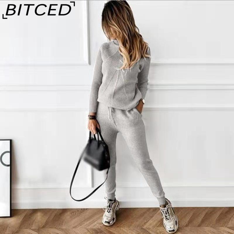 BITCED Autumn and Winter High-neck Solid-color Fashionable Casual Top + Trousers Sweater Set for Women