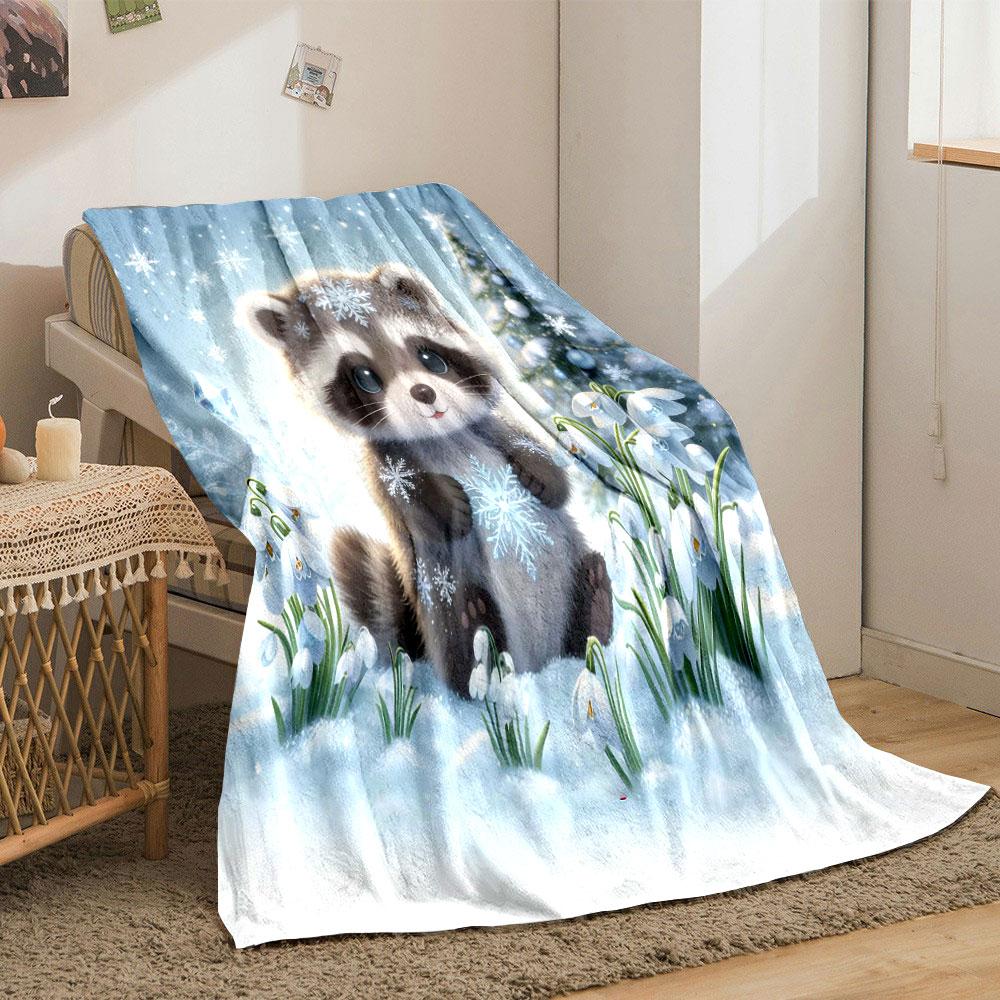 1PC Small Animals in A Winter Scene Printed Blanket, All-Season Multi-Use for Nap, Camping, Travel, Car ,sofa Machine Washable
