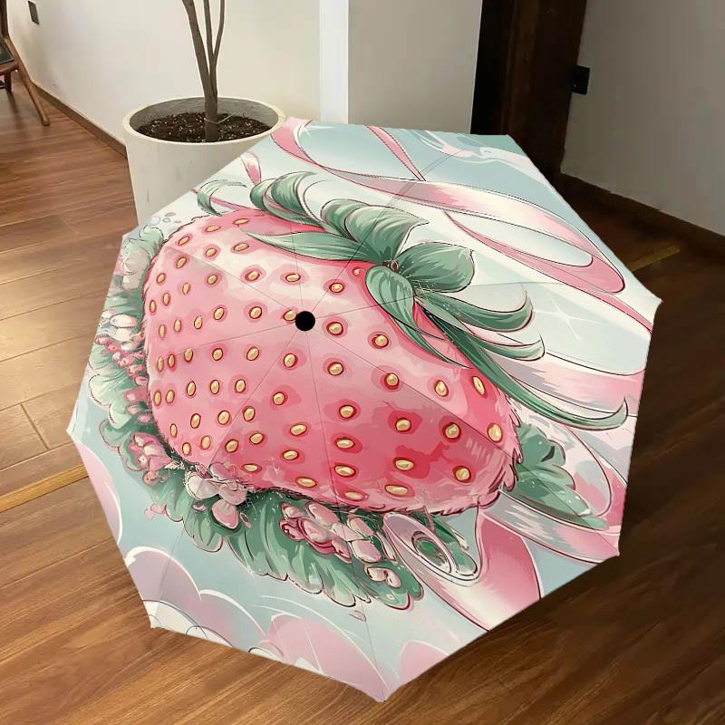 1pc Strawberry Ribbon Automatic Open/Close Umbrella Compact Folding Umbrella with 8-Rib Shaft for Women/Men, Elegant Birthday1175S