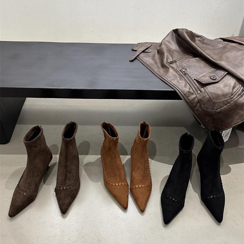 Korean niche fashionable suede thin heel short boots women's 2025 autumn and winter new commuting versatile zipper thin boots