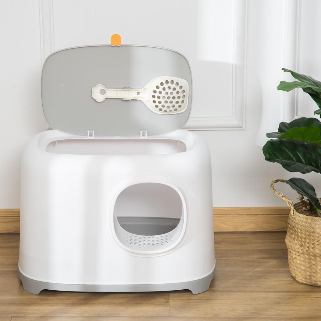 Cat Litter Box with Lid, Cat Toilet with Hood, Scoop, Grid Floor, XXL Cat Toilet for Cats up to 5 kg, 55 x 40 x 39 cm, White