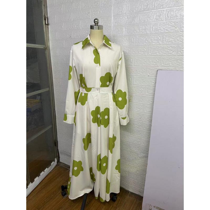 European and American Cross-border Women's Clothing 2025 Autumn Lapel Temperament Printed Shirt High Waist Slim Skirt Set
